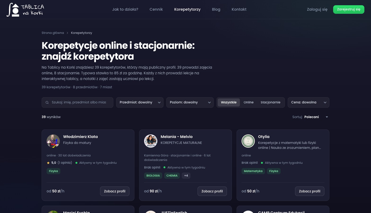Kliknij, aby powiększyć Katalog korepetytorów: wyszukiwarka, filtry i profile z przedmiotami oraz stawką
