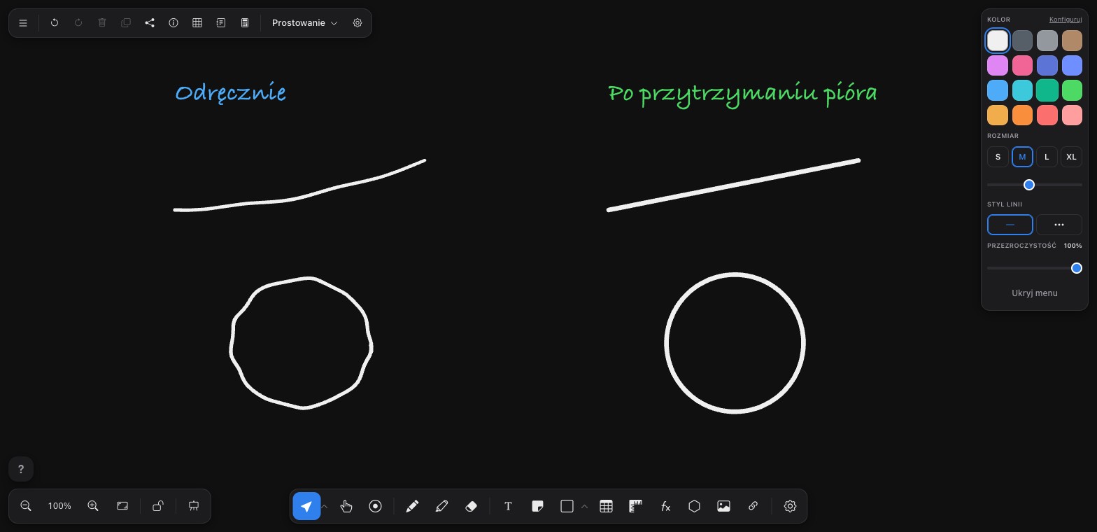 Kliknij, aby powiększyć Ta sama kreska i ten sam okrąg narysowane odręcznie oraz z przytrzymaniem pióra na końcu